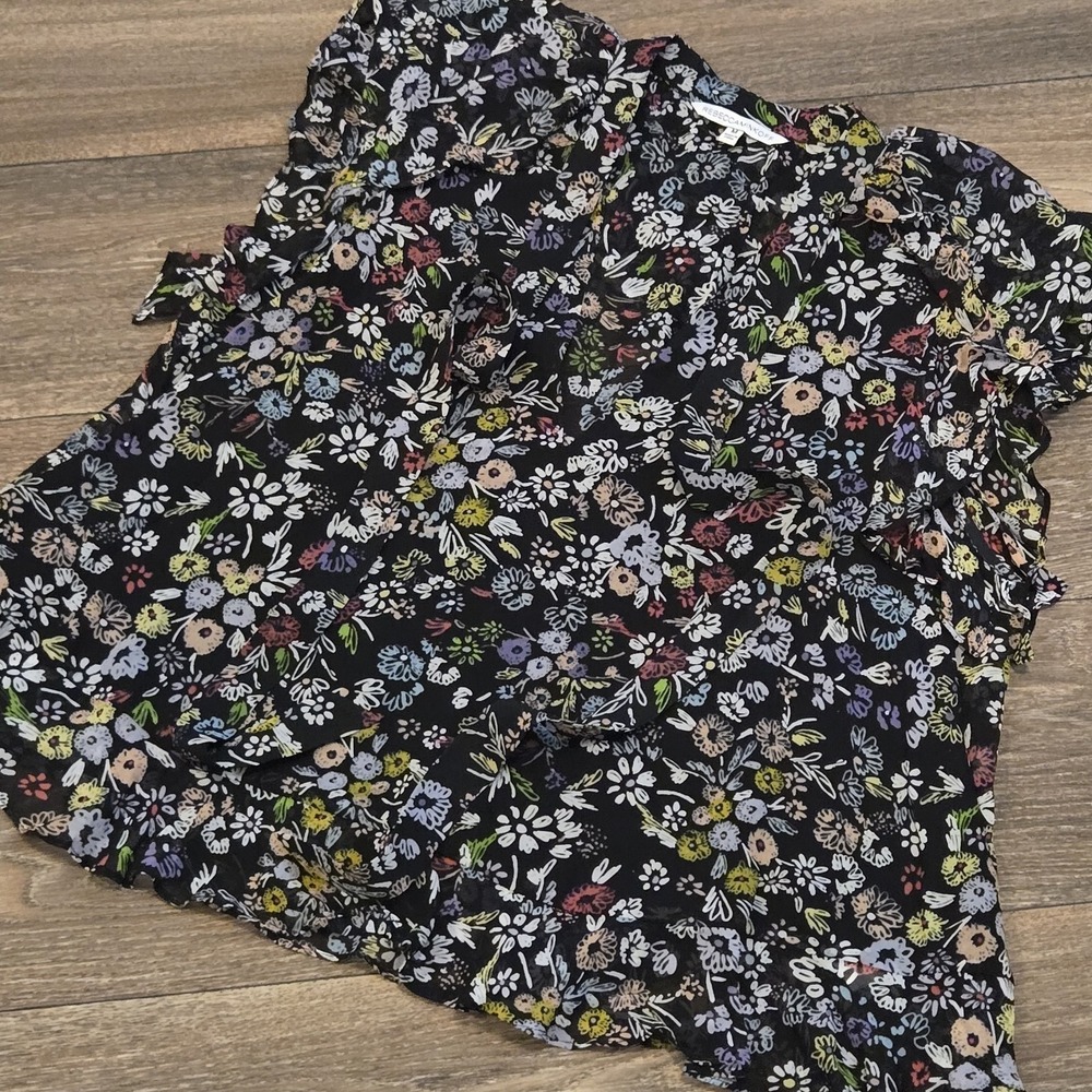 Rebecca Minkoff Black Sheer Floral Short Sleeve Blouse Cottage Core Whimsigoth - Picture 9 of 10